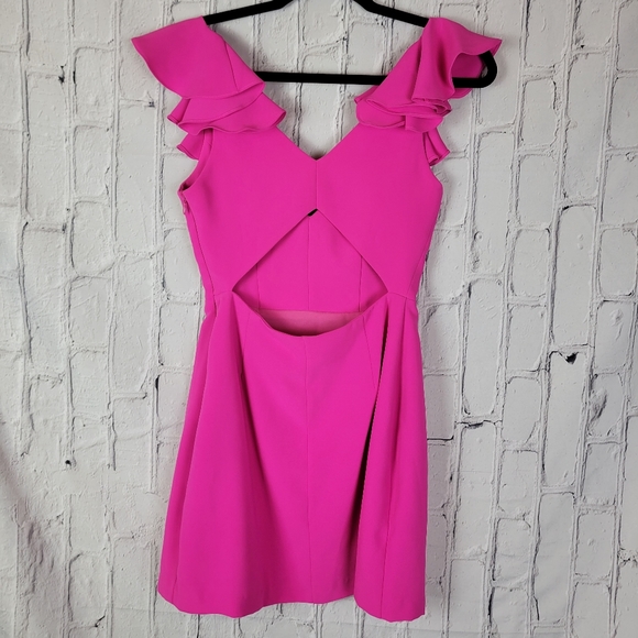Amanda Uprichard barbie hot pink Gimlet ruffle sleeve cut out back mini dress - Picture 5 of 13